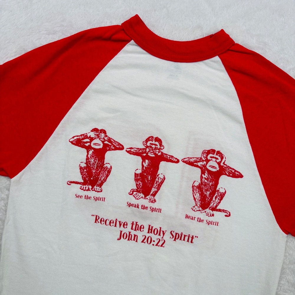 VTG 90s Jesus T-Shirt Women S (FIX XS) White Red Monkeys Holy Spirt Hear No Evil